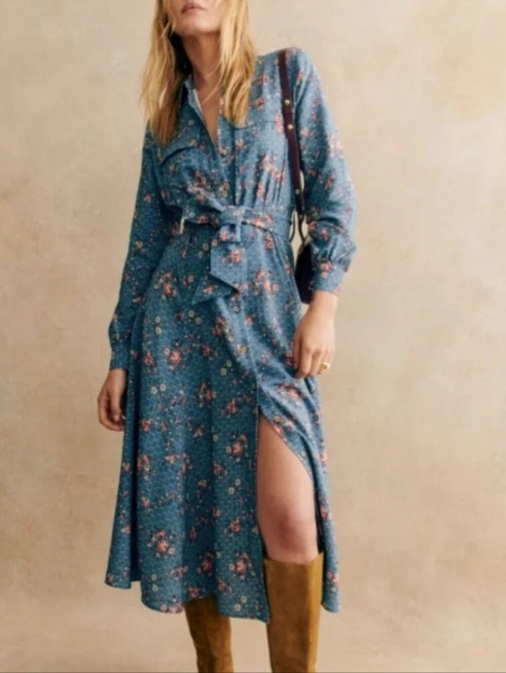 Sézane Lauretta Midi Shirt Dress in a blue and pink floral print Size 38
